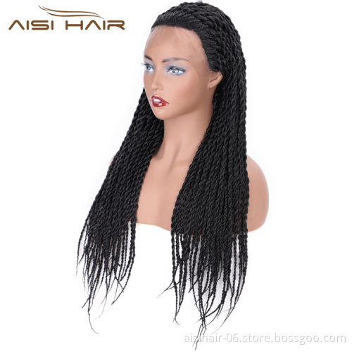 Aisi Hair Long Twist Braided Senegalese Black Wig Glueless Synthetic Lace Front Wig Twist Box Braids Hair Wigs For Black Women